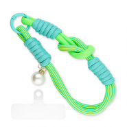 Musthave telefoonkoord met parel incl. bevestiging Neon green-turquoise teal-ivory white