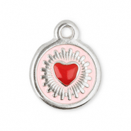 Bedels van Stainless steel Roestvrij staal (RVS) round with heart Silver-red-light pink