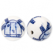 Keramiek kraal 15mm with mill Off white-Delft blue