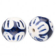Keramiek kraal 12mm with flower Off white-Delft blue