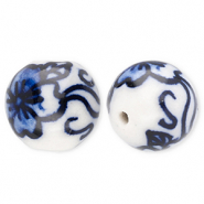 Keramiek kraal 12mm with flower Off white-Delft blue