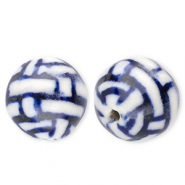 Keramiek kraal 12mm with rectangles Off white-Delft blue