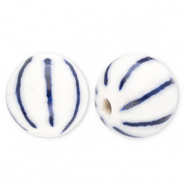 Keramiek kraal 10mm with stripes Off white-Delft blue