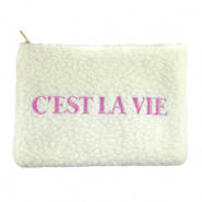 Etui van teddystof "C'EST LA VIE" Off white-purple