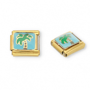 Italian charms losse schakels van Stainless steel Roestvrij staal(RVS) palmtree Gold-light blue-green