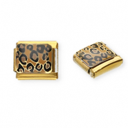 Italian charms losse schakels van Stainless steel Roestvrij staal(RVS) leopard print Gold-light brown-black