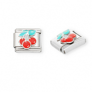 Italian charms losse schakels van Stainless steel Roestvrij staal(RVS) cherries Silver-red-green