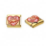 Italian charms losse schakels van Stainless steel Roestvrij staal(RVS) heart "Girl power" Gold-pink-red