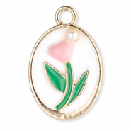 Metaal bedels oval with tulip with pearl Gold-white-green-light pink