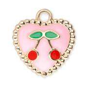 Metaal bedels heart with cherries Gold-light pink-red-green