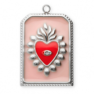 Bedels van Stainless steel Roestvrij staal (RVS) rectangle with heart Silver-vintage pink-red