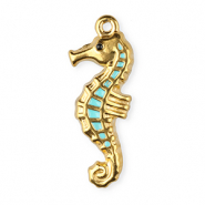 Bedels van Stainless steel Roestvrij staal (RVS) enamel seahorse Gold-light blue