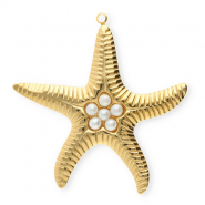 Bedels van Stainless steel Roestvrij staal (RVS) starfish with imitation pearls Gold-white