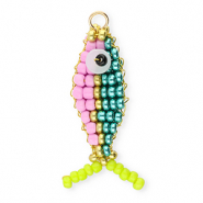 BY31&reg; Bedel van glaskralen fish Metallic teal blue-pastel lilac-gold-lime green