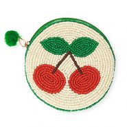 Portemonnee round with cherries Off white-green-brown-red