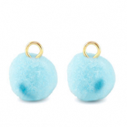 Bedels pompom met oog 10mm Gold-aquamarine blue