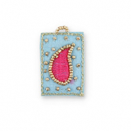 Handgemaakte bedels van stof drop Light blue-fuchsia-gold