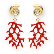 Musthave oorbellen&nbsp;/&nbsp;oorstekers enamel shell & coral met RVS steker Gold-dark red