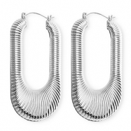 Statement oorbellen / creolen oval ridged met RVS steker Silver