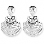 Statement oorbellen / oorstekers shell ridged met RVS steker Silver