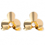 Statement oorbellen / oorstekers flower with imitation pearl met RVS steker Gold-white