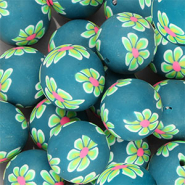 Siliconen kralen 18mm round with hand-painted flowers Teal green-light green-neon pink