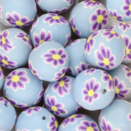 Siliconen kralen 18mm round with hand-painted flowers Light blue-purple-yellow