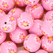 Siliconen kralen 18mm round with hand-painted flowers Orchid purple-neon pink-yellow