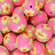 Siliconen kralen 18mm round with hand-painted flowers Neon pink-green-orange-red