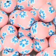 Siliconen kralen 18mm round with hand-painted flowers Pink-dark blue-white