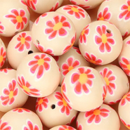 Siliconen kralen 18mm round with hand-painted flowers Nude beige-neon pink-orange