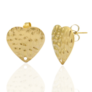 Oorbellen van Stainless steel Roestvrij staal (RVS) oorsteker heart hammered met oogje Goud