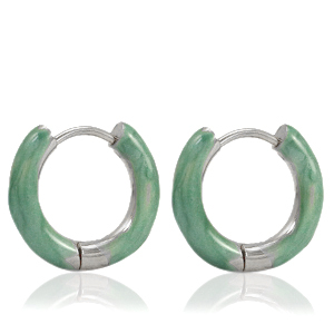 Oorbellen van Stainless steel Roestvrij staal (RVS) creolen enamel 16mm Persian green-silver