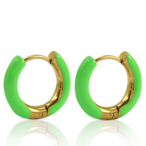 Oorbellen van Stainless steel Roestvrij staal (RVS) creolen enamel 16mm Bright green-gold