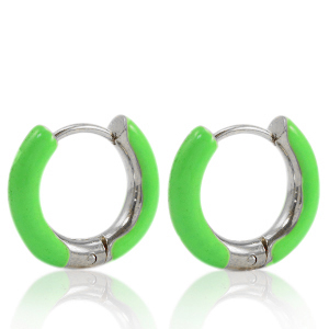 Oorbellen van Stainless steel Roestvrij staal (RVS) creolen enamel 16mm Bright green-silver