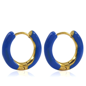 Oorbellen van Stainless steel Roestvrij staal (RVS) creolen enamel 16mm Cobalt blue-gold