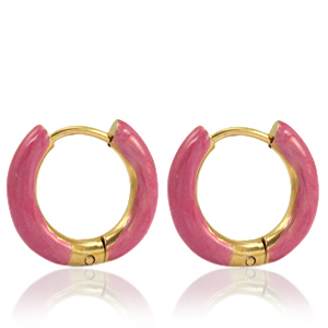 Oorbellen van Stainless steel Roestvrij staal (RVS) creolen enamel 16mm Punch pink-gold