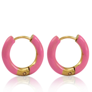Oorbellen van Stainless steel Roestvrij staal (RVS) creolen enamel 16mm Thulian pink-gold