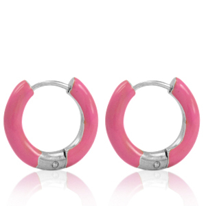 Oorbellen van Stainless steel Roestvrij staal (RVS) creolen enamel 16mm Thulian pink-silver