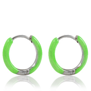 Oorbellen van Stainless steel Roestvrij staal (RVS) creolen enamel 14mm Bright green-silver