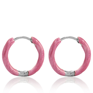 Oorbellen van Stainless steel Roestvrij staal (RVS) creolen enamel 14mm Punch pink-silver