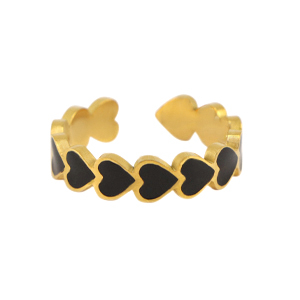 Ringen van Stainless steel Roestvrij staal (RVS) enamel heart Black-gold