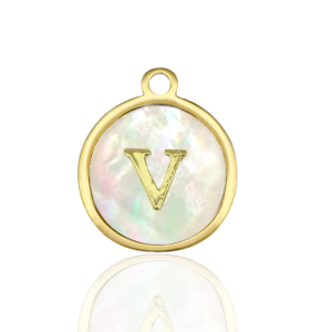 Bedels van Stainless steel Roestvrij staal (RVS) bedels 12mm shell initial&nbsp;V White (natuurlijke kleur)-gold