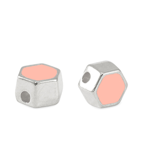 Metaal kralen DQ hexagon Antiek zilver-salmon pink (nikkelvrij)