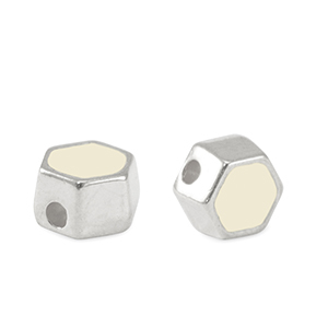 Metaal kralen DQ hexagon Antiek zilver-ivory white (nikkelvrij)