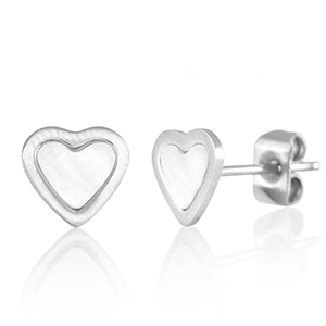 Oorbellen / oorstekers van Stainless steel Roestvrij staal (RVS) heart Zilver-parelwit