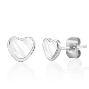 Oorbellen / oorstekers van Stainless steel Roestvrij staal (RVS) heart Zilver-parelwit