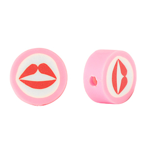 Polymeer kraal kiss 10mm Pink-white red