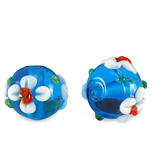 Handgeschilderde glaskralen flower Prussian blue-white