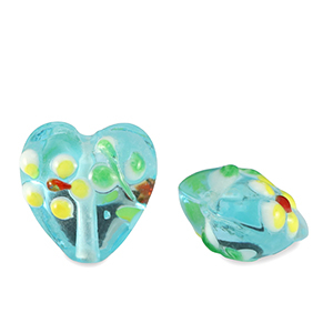 Handgeschilderde glaskralen heart flower Aquamarine blue-yellow